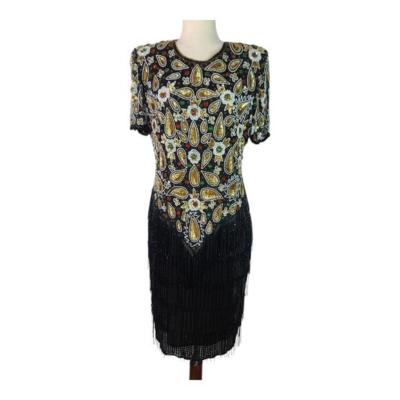 Sweelo Beaded Silk Black Gold Green Vintage Flapper Style Cocktail Evening Dress - Picture 2 of 6